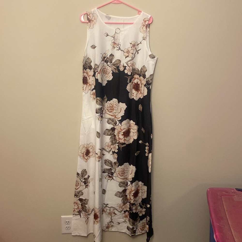 Large long, black and white floral patterned maxi dress